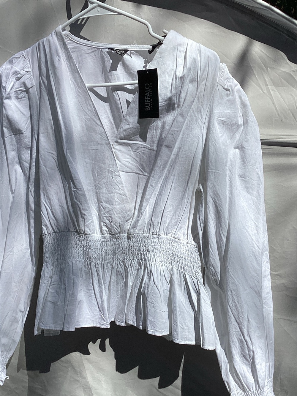 Buffalo David Bitton White V-Neck Smocked Peplum Blouse